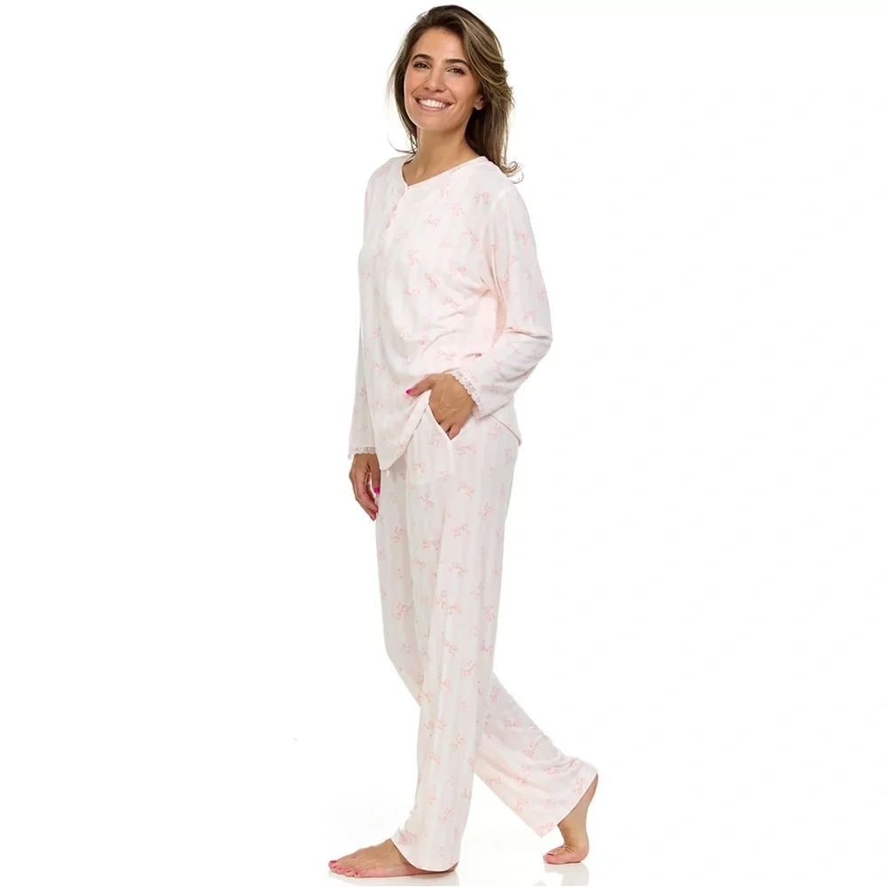 NWT Flora Nikrooz 2-Piece Pink Bows Pajama Set - Picture 2 of 15
